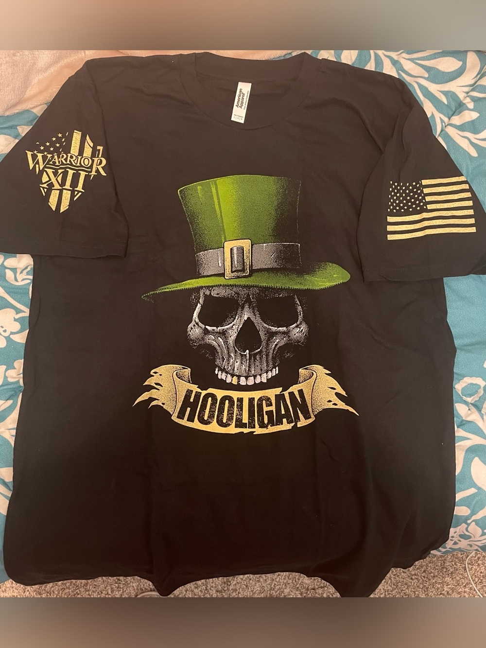 American Apparel Black Tee with Green Top Hat Skull & Gold Banner